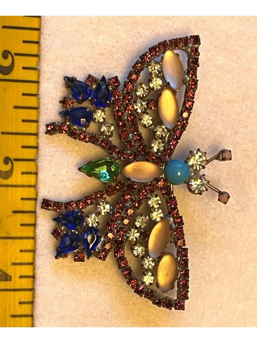 Vtg Czech Glass Butterfly Brooch With Rare Colored Glass Stones & Intricate Desi